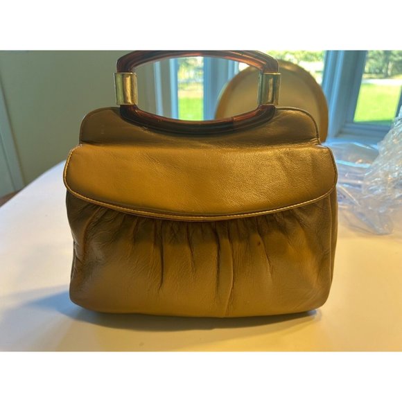 Women's Norman Kaplan Las Vegas Purse Brown Brown Handle Tan Pleated Fold Over - Picture 1 of 11
